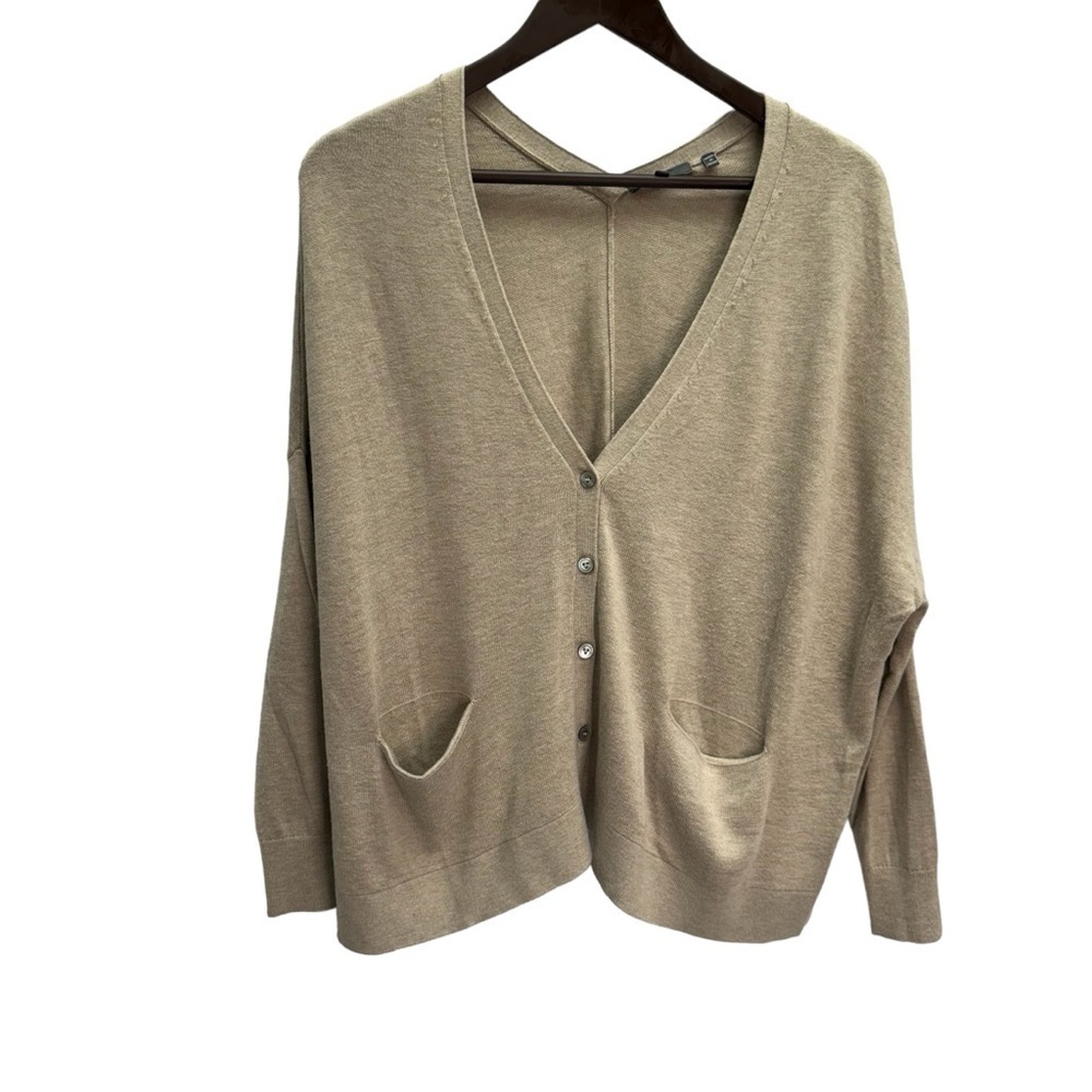 Beige Oversized V-Neck Button Front Cardigan Sweater Size XS